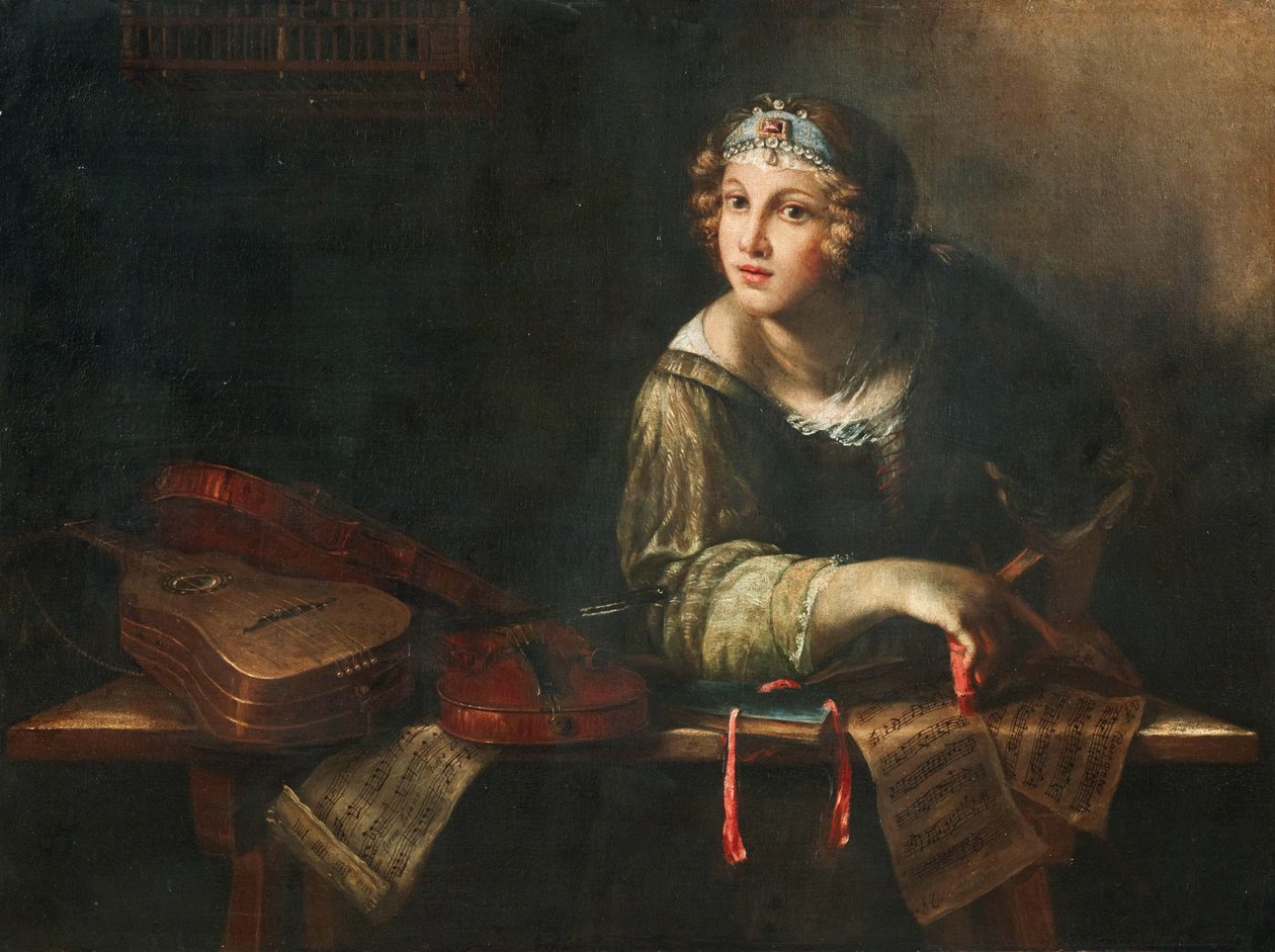 Representación alegórica con instrumentos musicales y notas de Girolamo Scaglia