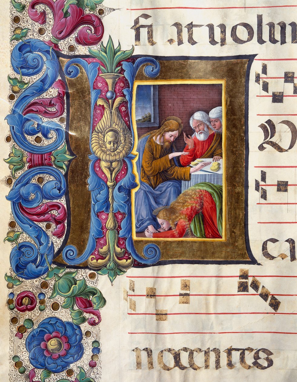 Letra decorada que representa a María Magdalena a los pies de Jesús. Miniatura de Girolamo da Cremona (activo alrededor de 1451-1483) y Liberale da Verona (1445-1529) de un coro (Cod. 22/7. c.15v) de la Catedral de Siena. Siglo XV Catedral (Duomo) de Siena de Girolamo da Cremona