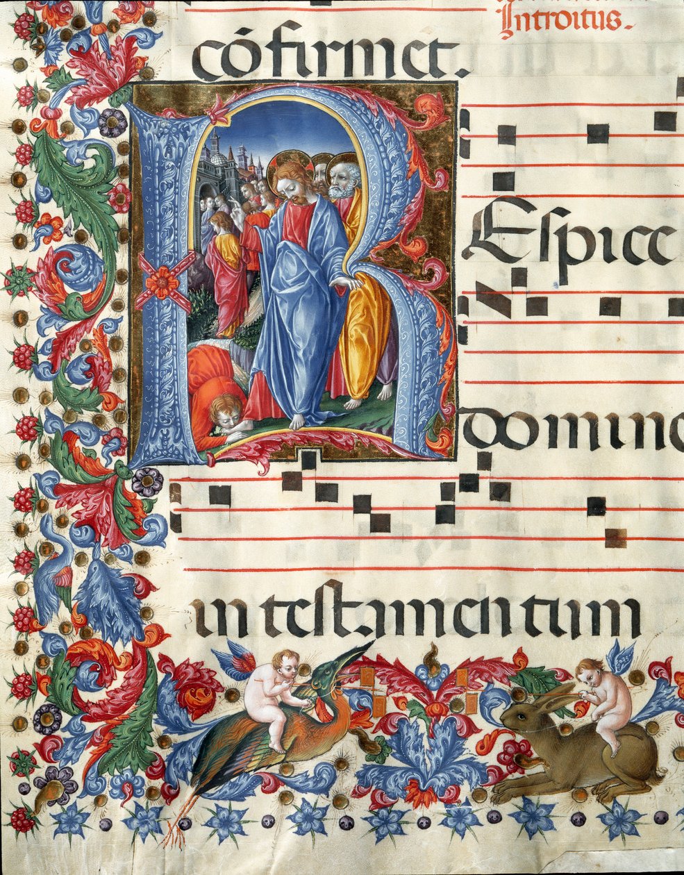 Letra decorada que representa a Cristo y al leproso. Miniatura de Girolamo da Cremona (activo alrededor de 1451-1483) y Liberale da Verona (1445-1529) de un coro (Cod. 19/4. c.26.) de la Catedral de Siena. Siglo XV Catedral (Duomo) de Siena, Italia de Girolamo da Cremona