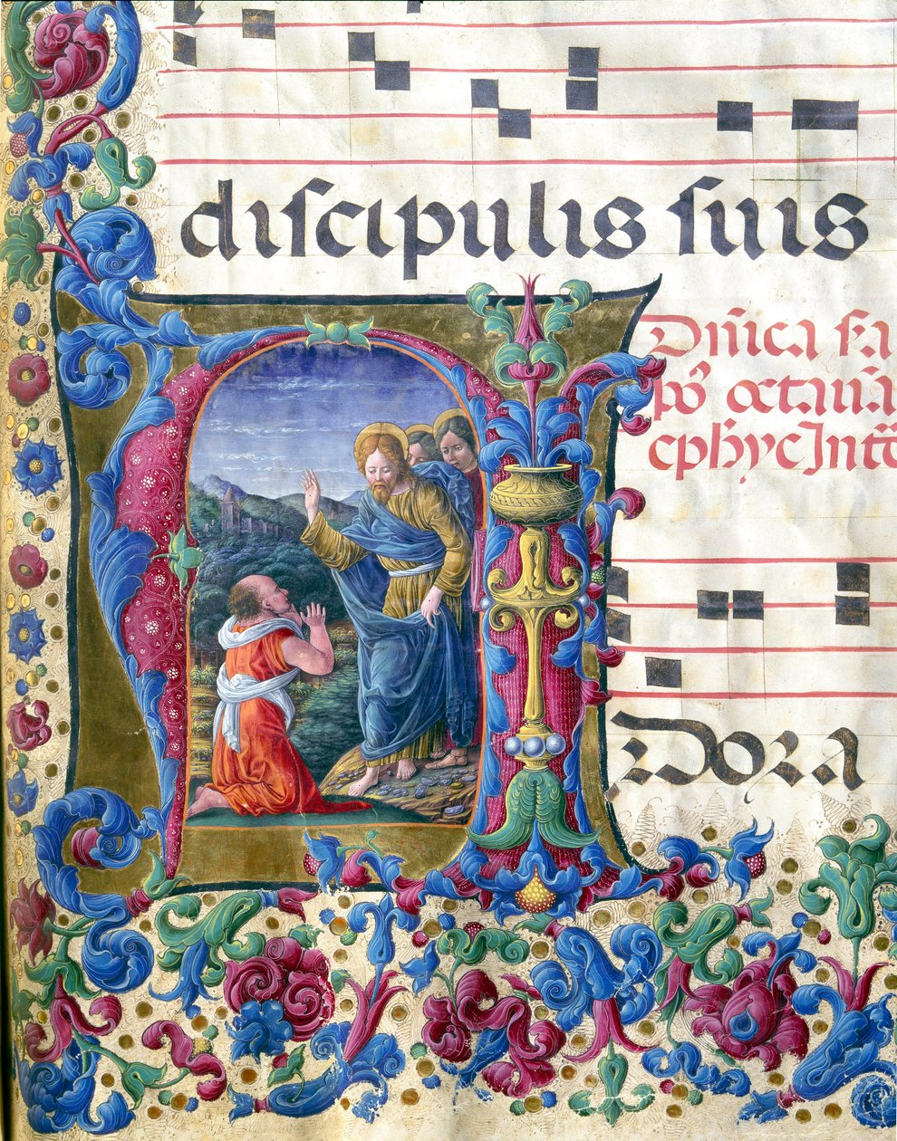 Letra decorada que representa la visión de Isaías. Miniatura de Girolamo da Cremona (activo alrededor de 1451-1483) y Liberale da Verona (1445-1529) de un coro (Cod. 19/4. c.9v.) de la Catedral de Siena. Siglo XV Catedral (Duomo) de Siena, Italia de Girolamo da Cremona