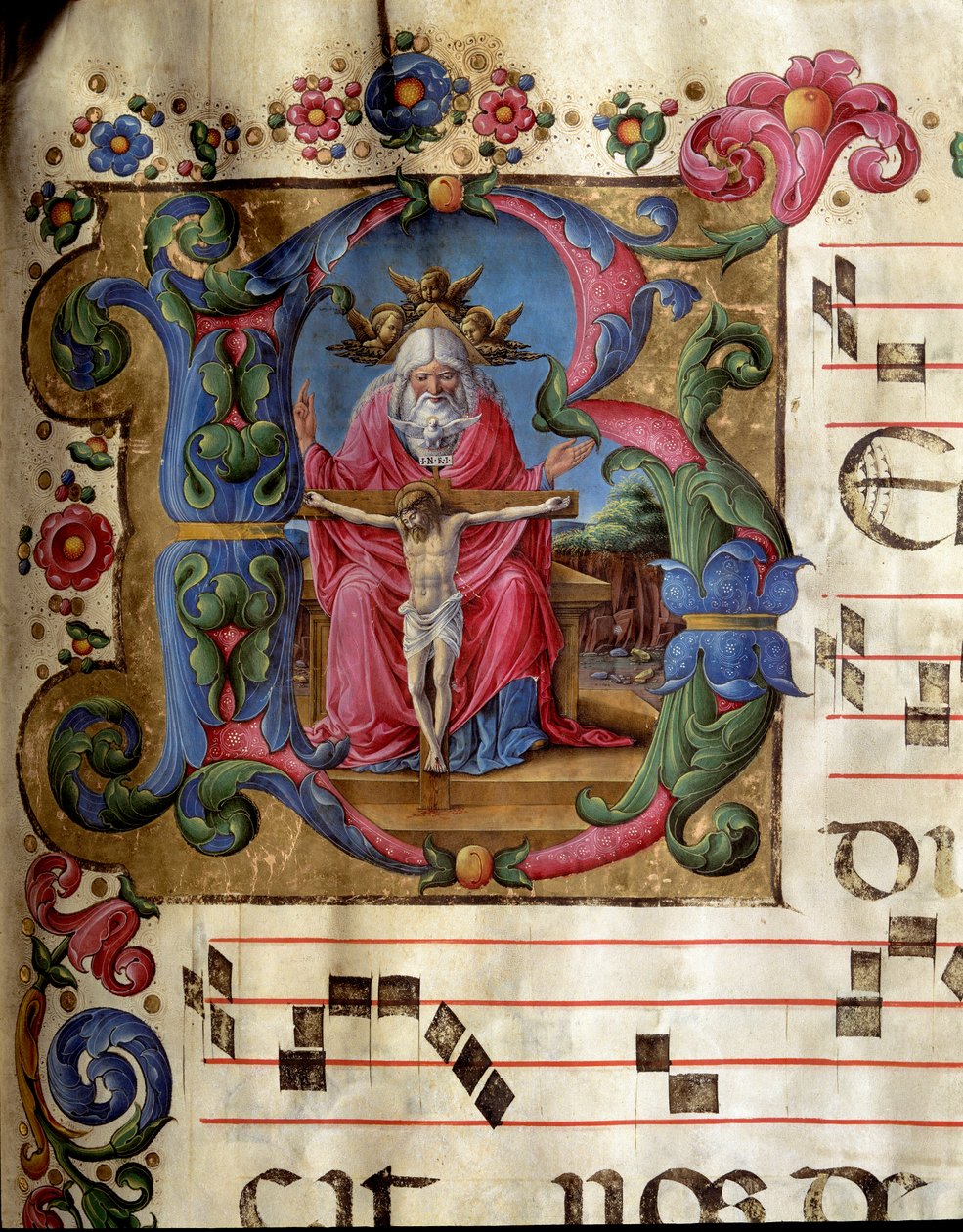 Letra B decorada representando la Santísima Trinidad (Trono de Gracia) Dios, Jesucristo y la paloma del Espíritu Santo (detalle) de Girolamo da Cremona