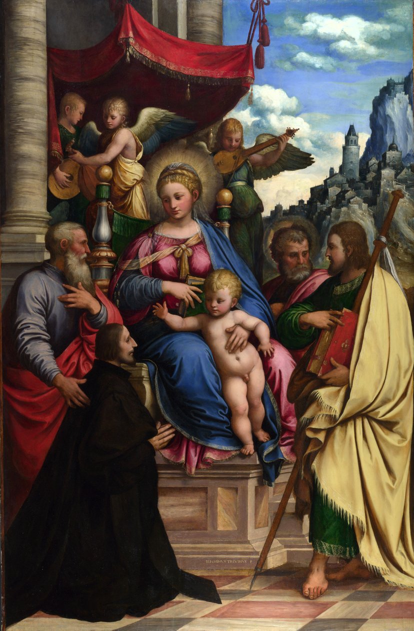 La Virgen y el Niño con ángeles, santos y un donante de Girolamo da Treviso the Younger