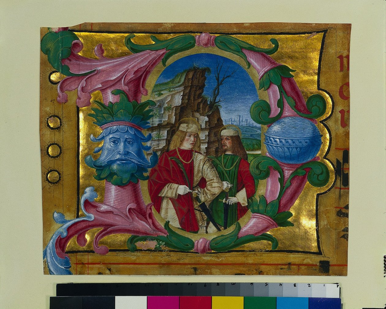 Inicial historiada D extraída de un libro de coro: Dos santos mártires, c. 1500-1510 de Girolamo dai Libri