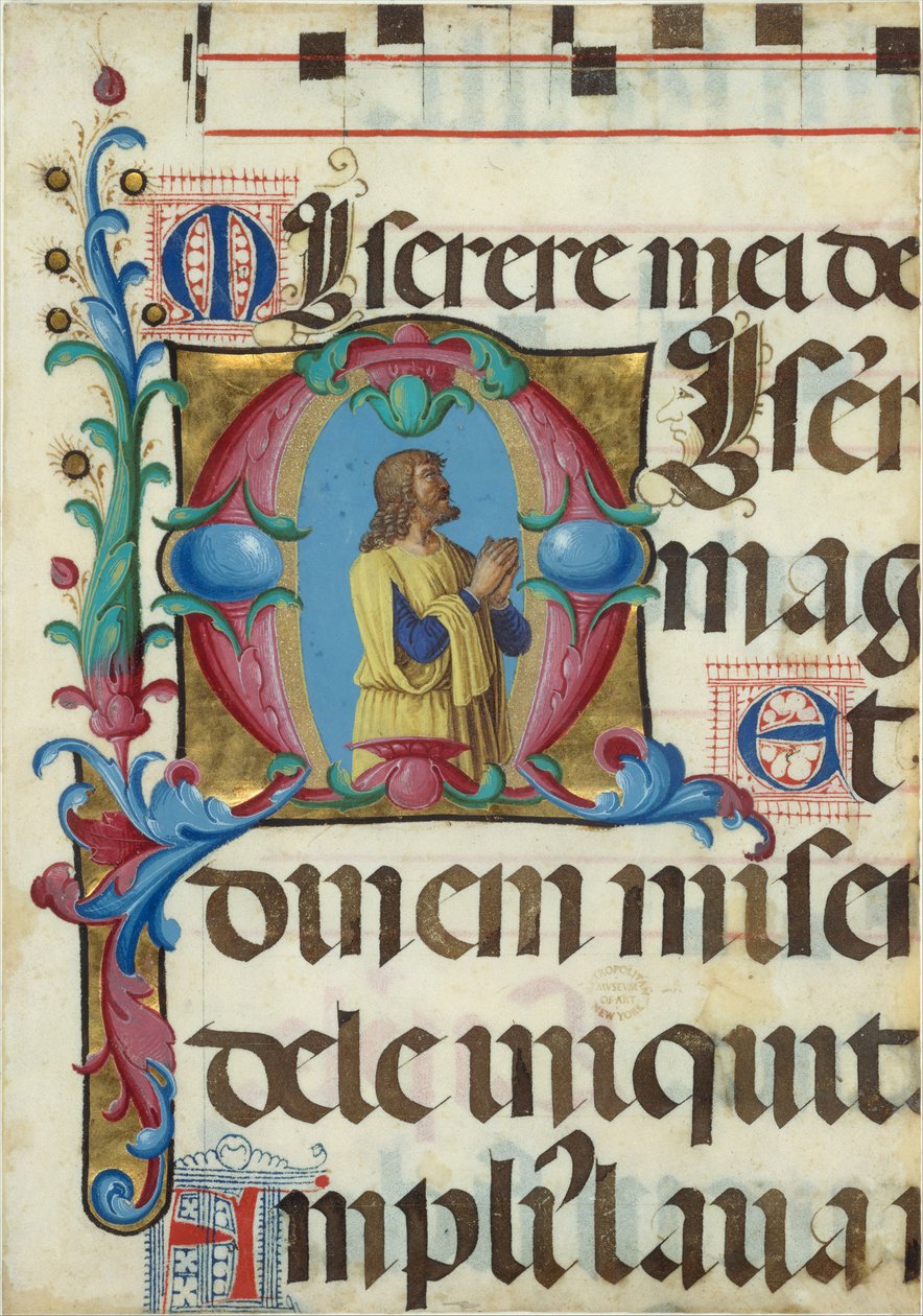 Iluminación de manuscrito con David en oración en una inicial M, de un Salterio de Girolamo dai Libri