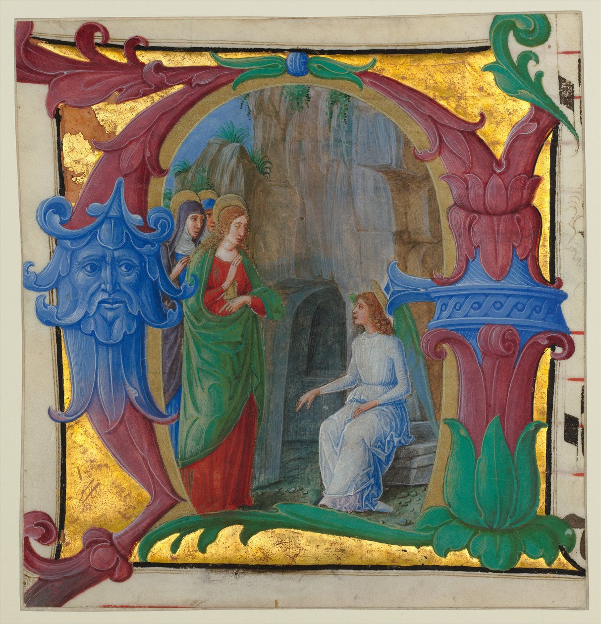 Iluminación de manuscrito con las santas mujeres en la tumba en una inicial A de Girolamo dai Libri