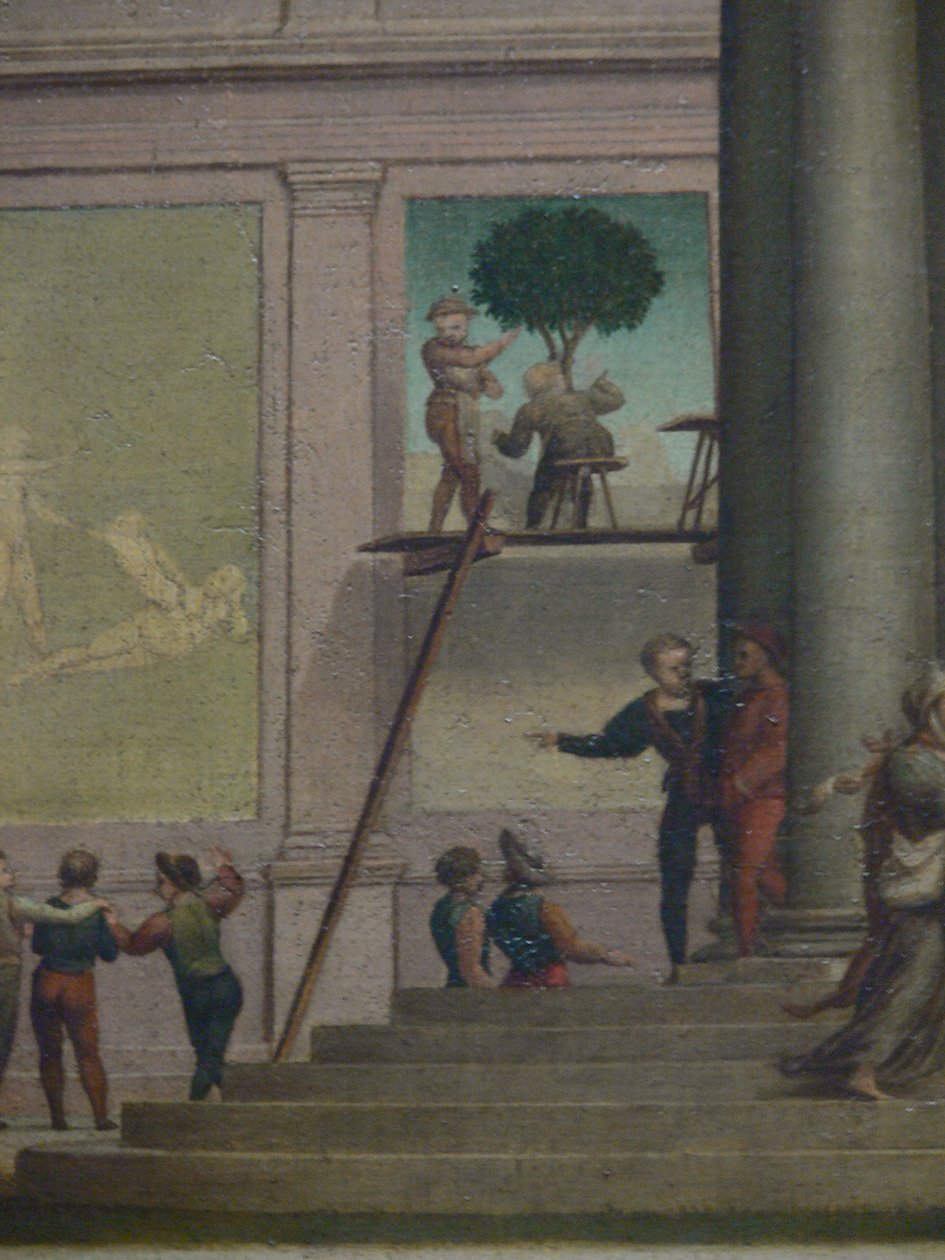 El rapto de Dina (Génesis 34). Kunsthistorisches Museum Viena, Galería de Pinturas, Inv. Nr. 1554, (detalle) en el fondo (pintor mural en andamio) de Giuliano Bugiardini