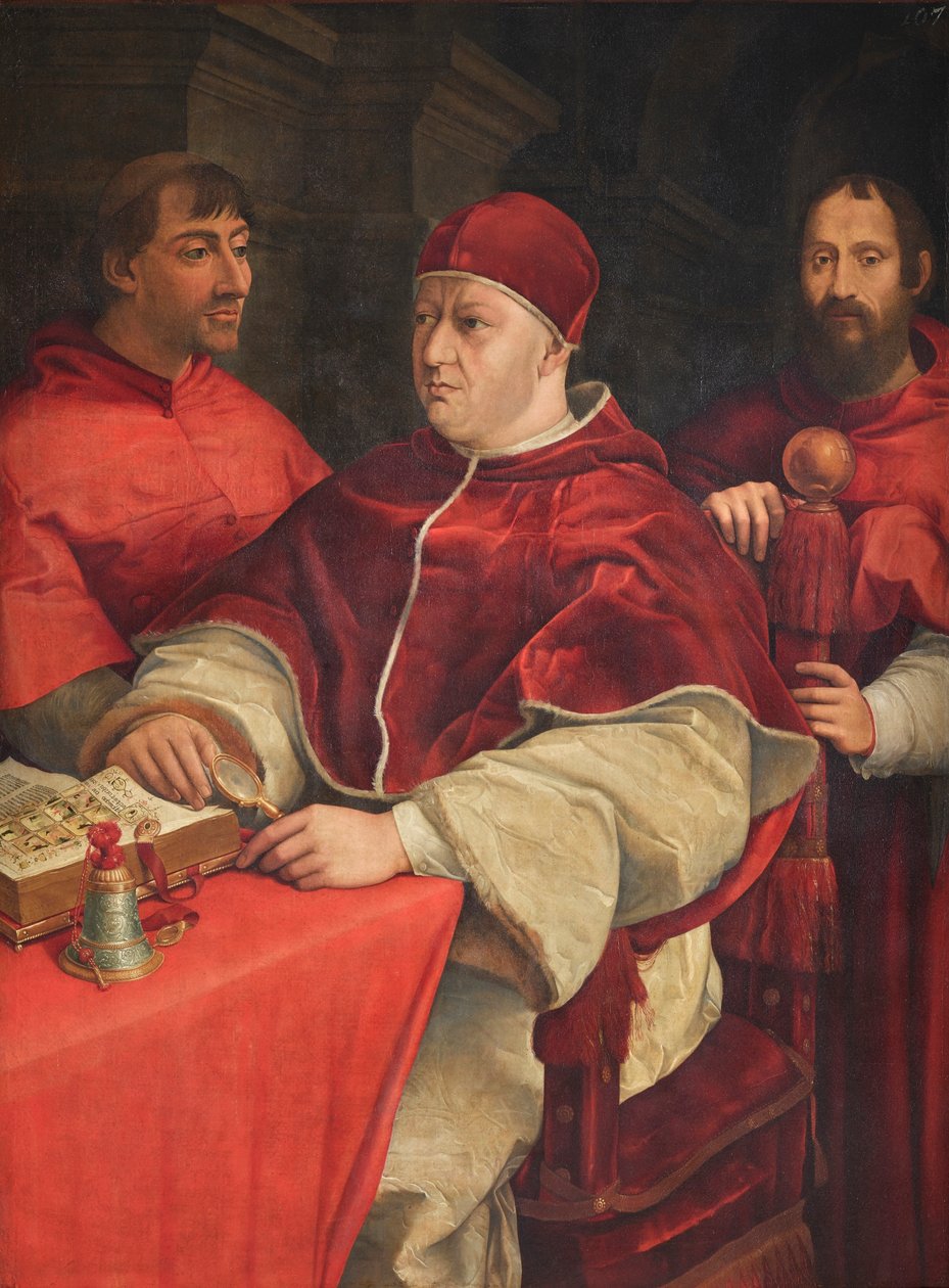 Italiano: Retrato del papa León X de Médicis con los cardenales Giulio de Médicis e Innocenzo Cybo Retrato del papa León X con los cardenales Giulio de Médicis e Innocenzo Cybo de Giuliano Bugiardini