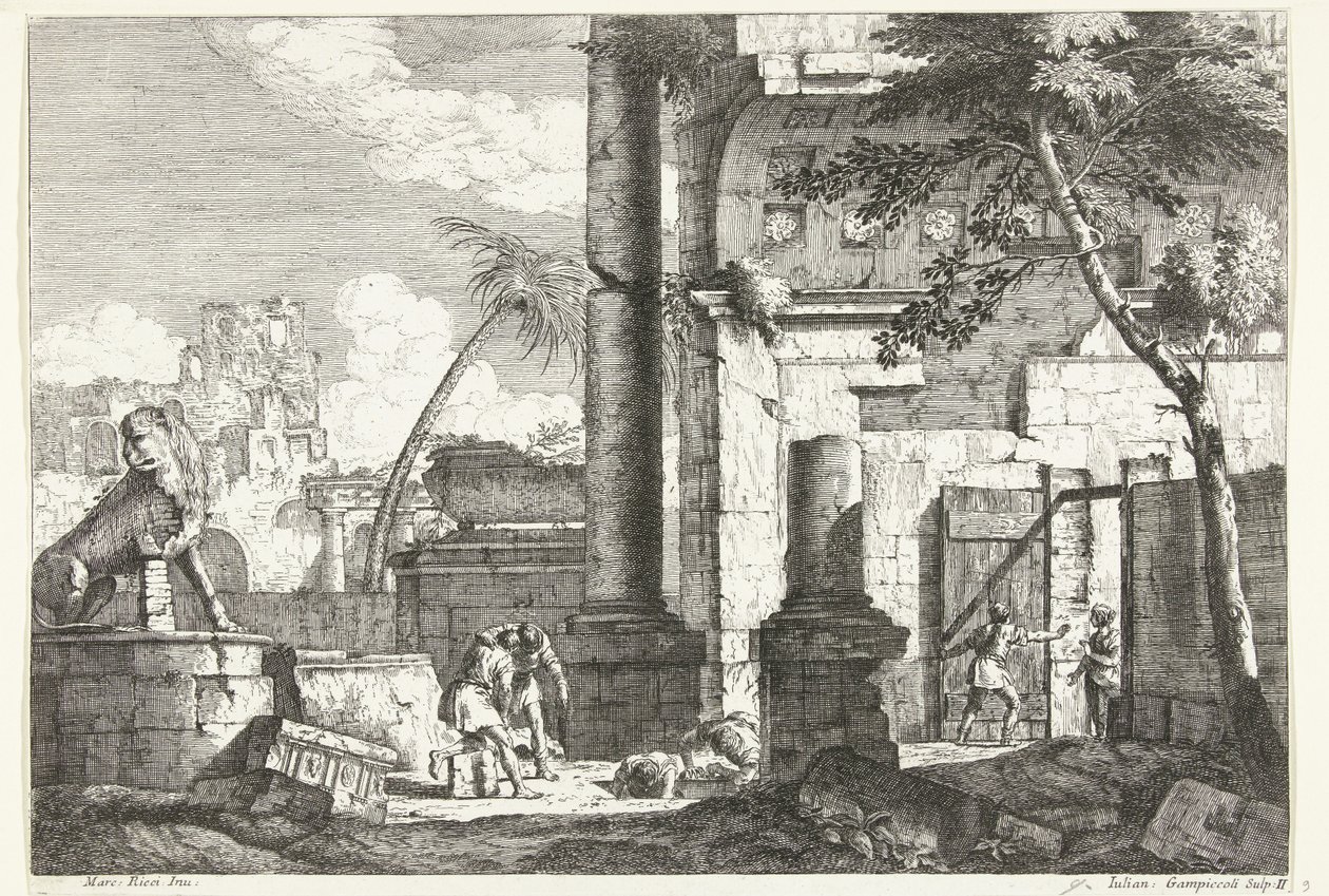 Ruinas antiguas con saqueadores de tumbas y palmeras Paisajes italianos (título de la serie) de Giuliano Giampiccoli