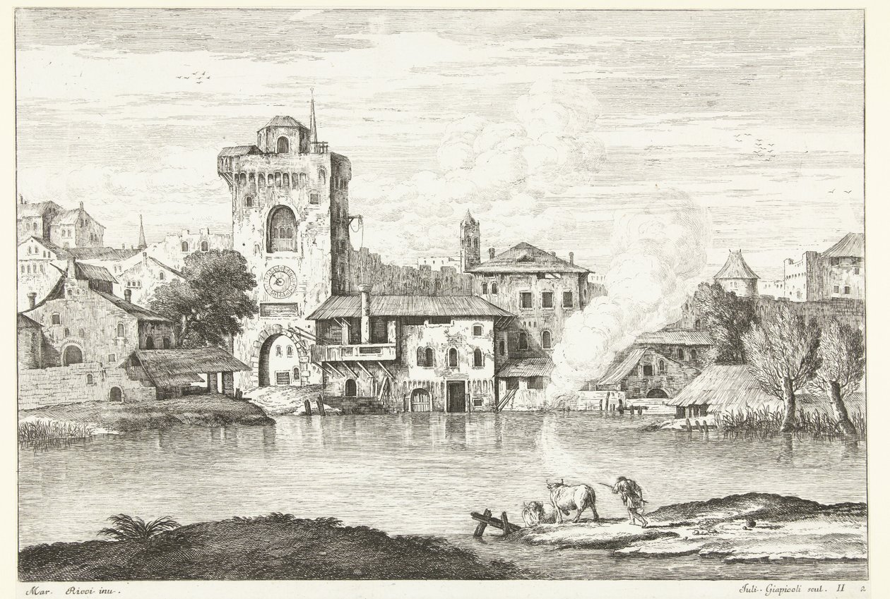 Vista de la ciudad con una torre sobre el agua Paisajes italianos (título de la serie) de Giuliano Giampiccoli