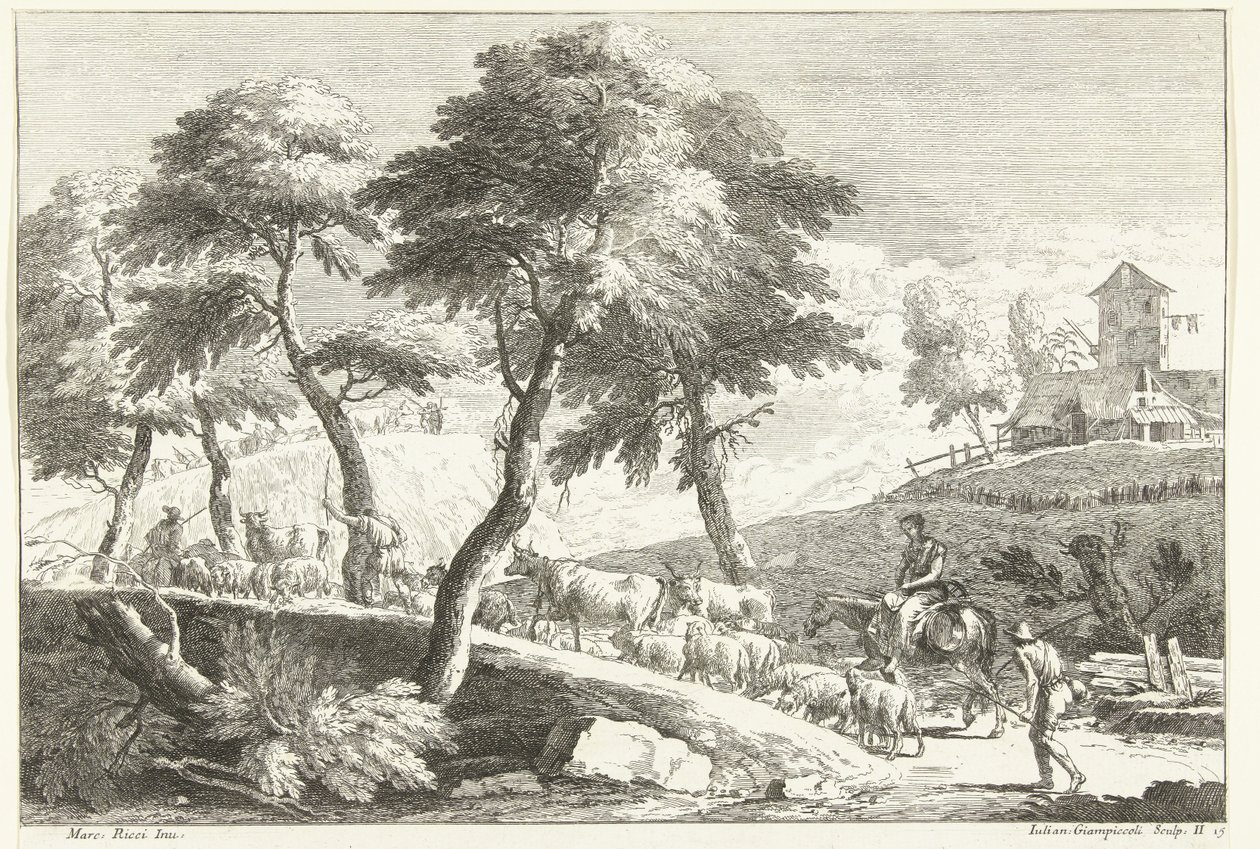 Paisaje montañoso con pastores y ganado. Paisajes italianos (título de la serie) de Giuliano Giampiccoli