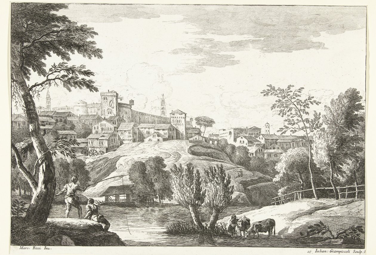 Paisaje montañoso con ciudad y pescador. Paisajes italianos (título de la serie) de Giuliano Giampiccoli