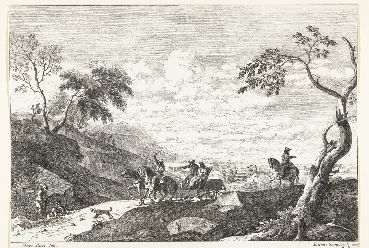 Paisaje montañoso con dos hombres en carro paisajes italianos de Giuliano Giampiccoli