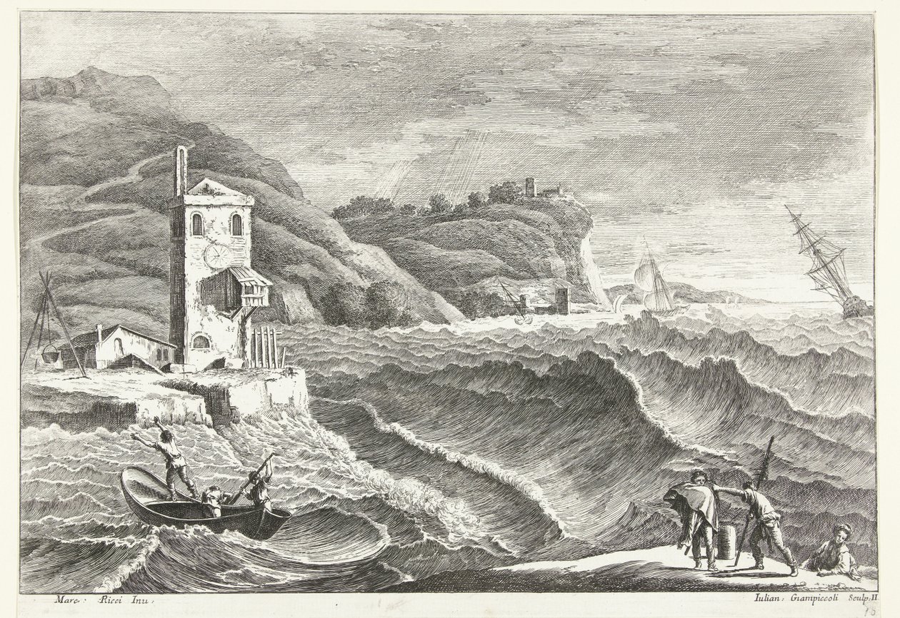 Paisaje costero con tormenta en el mar y faro de fuego Paisajes italianos (título de la serie) de Giuliano Giampiccoli