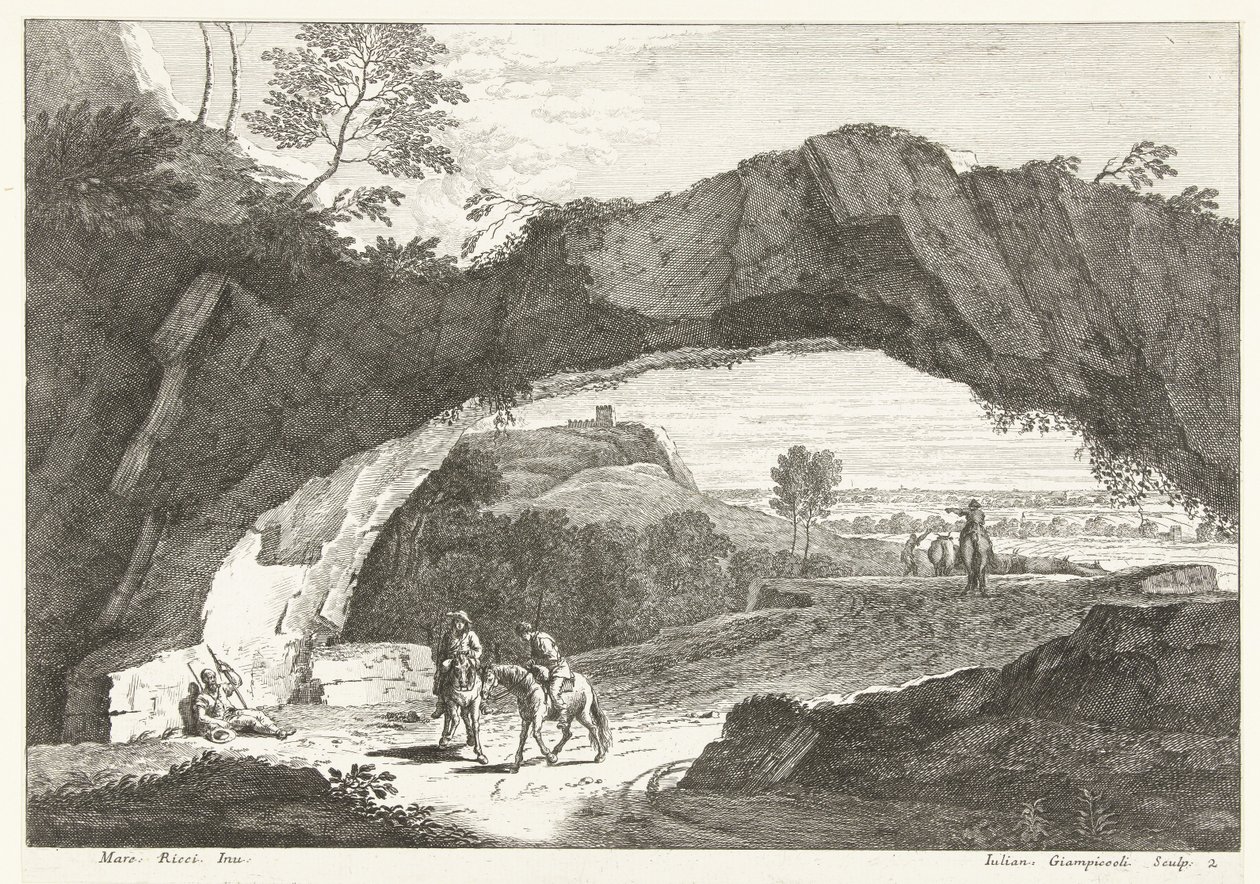 Paisaje con puente de piedra y algunas figuras. Paisajes italianos (título de la serie) de Giuliano Giampiccoli