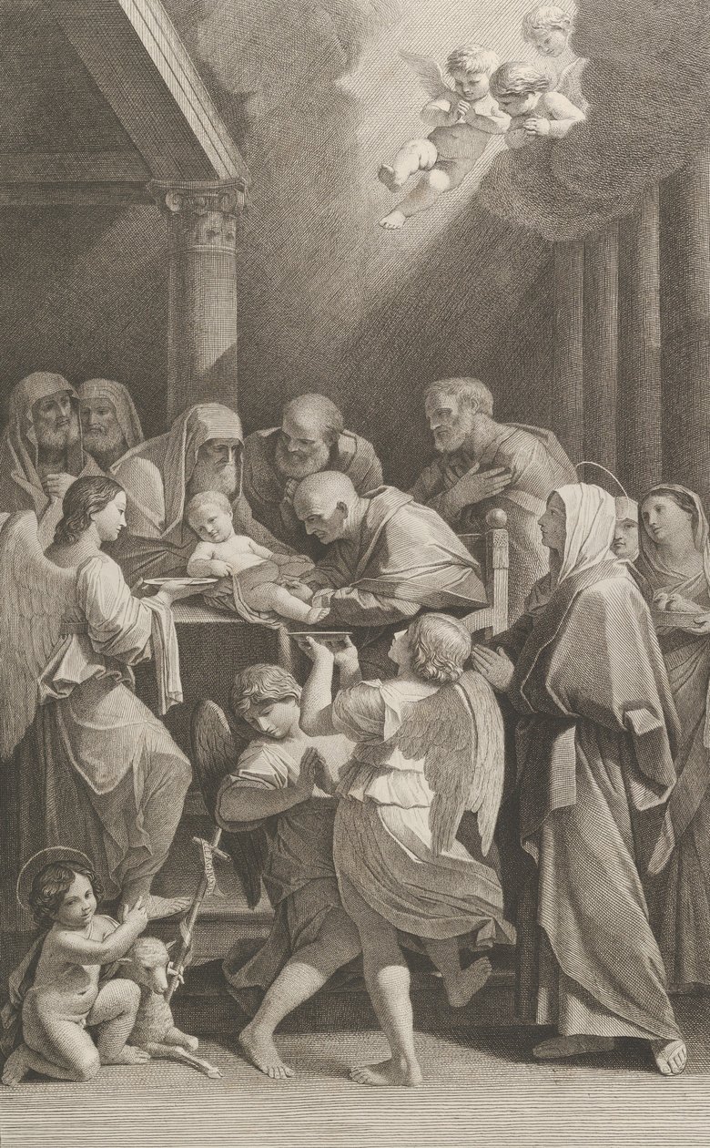 La circuncisión de Cristo, un grupo de hombres, mujeres y ángeles lo rodean, ca. 1760-1800 de Giuliano Traballesi