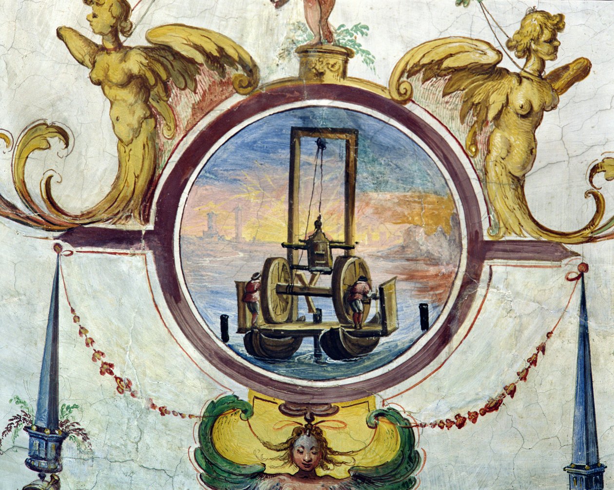 Gran pontón con un dispositivo para clavar estacas en el lecho marino, Stanza della Mattematica, 1587-1609 de Giulio Parigi