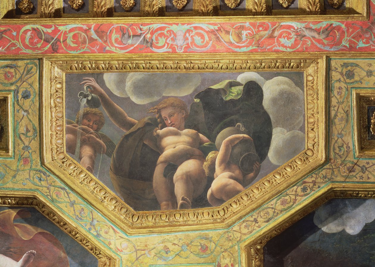 Una ninfa vertiendo agua de una jarra, un putto orinando y otro putto sosteniendo una urna, casetón del techo de la Sala de Amor y Psique de Giulio Romano