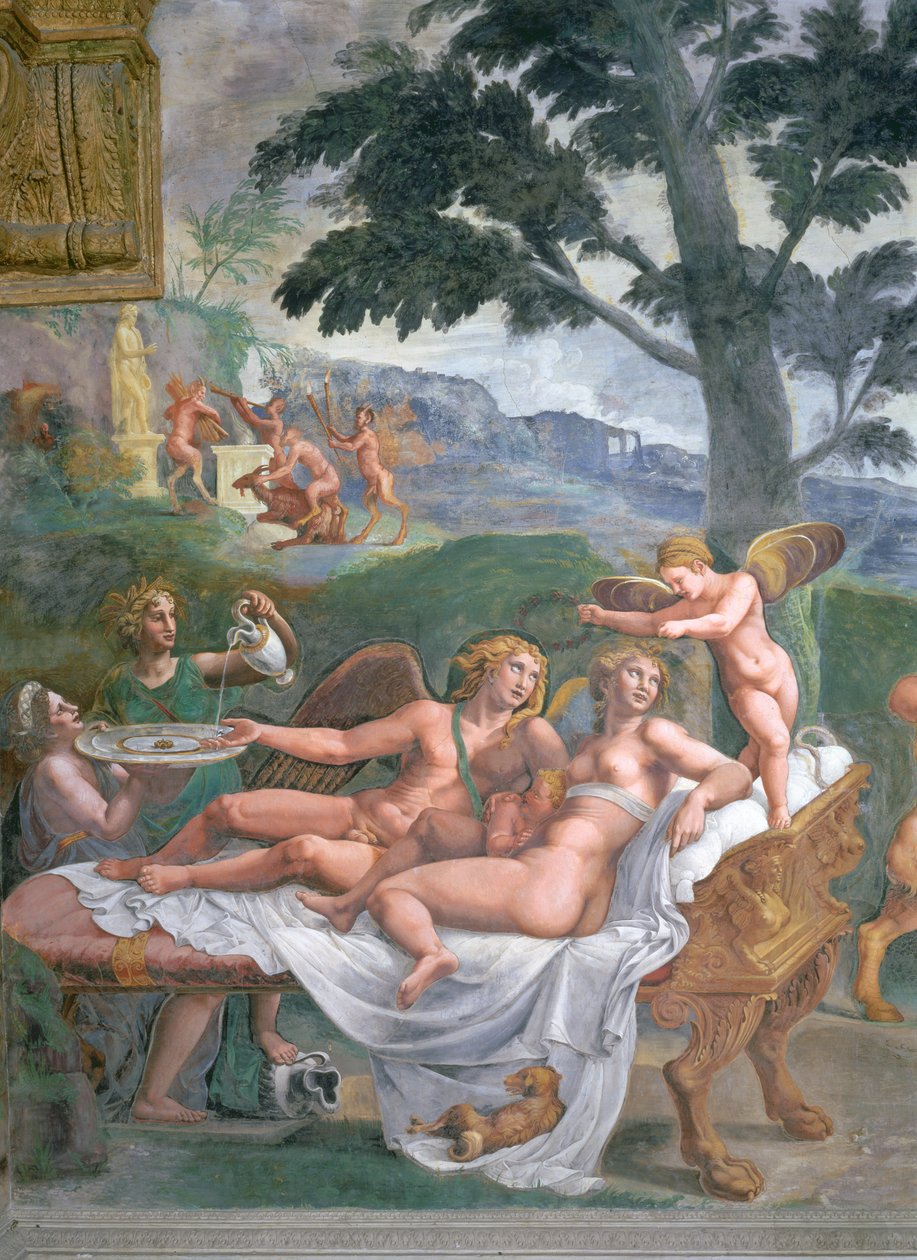 Cupido y Psique con su hija Voluptuosidad, atendidos por Ceres que vierte agua en una palangana sostenida por Juno, (detalle) del banquete noble, de la Sala de Amor y Psique, 1528 de Giulio Romano
