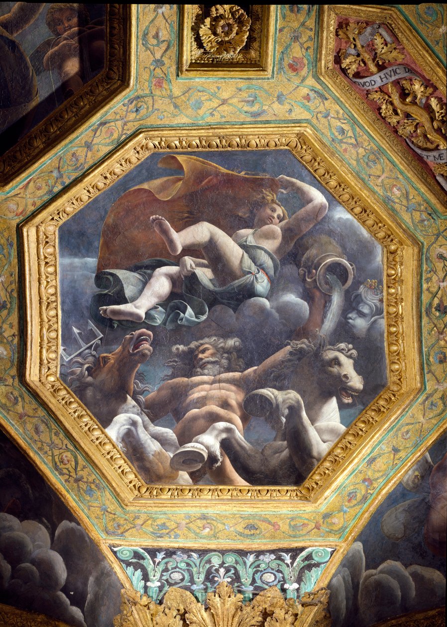 Neptuno y una ninfa acuática, casetón del techo de la Sala de Amor y Psique, 1528 de Giulio Romano