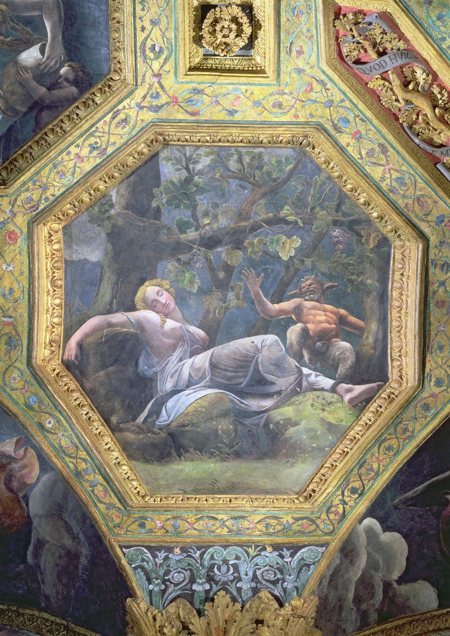 Psique durmiendo en el valle de Cupido, casetón del techo de la Sala di Amore e Psiche, 1528 de Giulio Romano