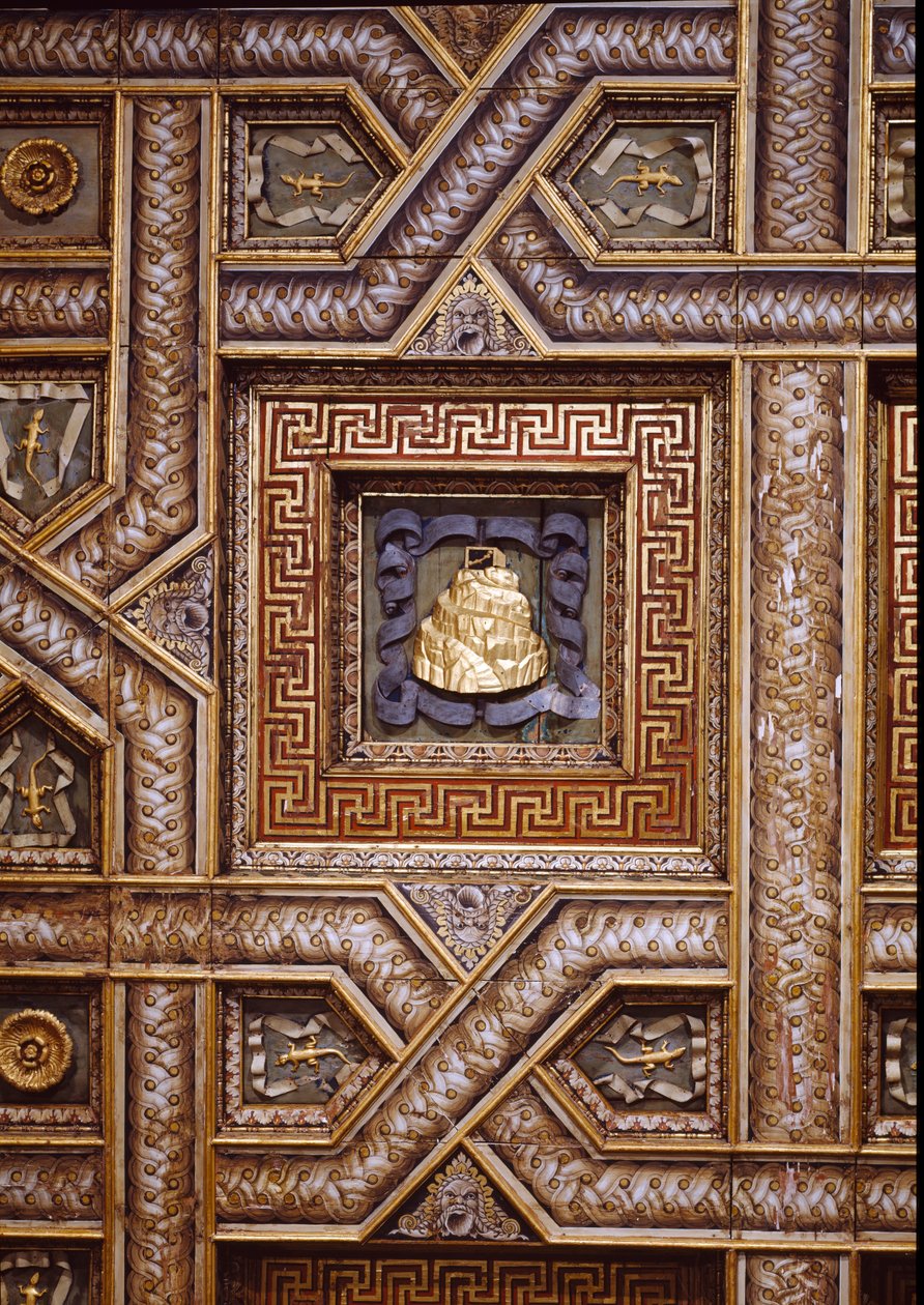 Sala dei Cavalli, vista del techo con las impresiones talladas de Gonzaga del Monte Olimpo, lagartijas y rosetones ornamentados bordeados por patrones de meandro trompe l