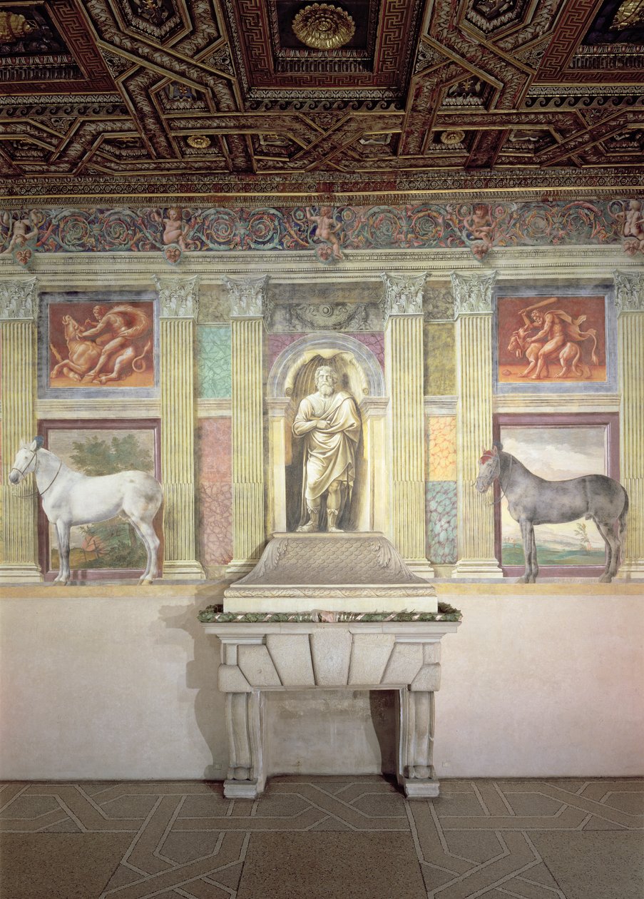Sala dei Cavalli con retratos en trampantojo de dos caballos, el dios Júpiter y paneles de bronce imitados de los Trabajos de Hércules, todos en un marco arquitectónico, pared sur, 1528 de Giulio Romano