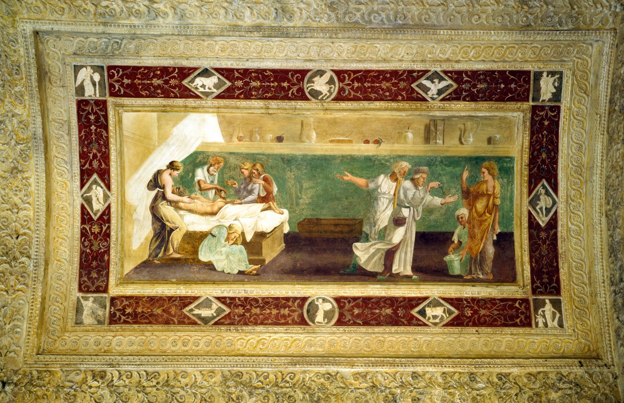 Escena de un médico atendiendo a un hombre enfermo, pintura del techo del Giardino Segreto de Giulio Romano