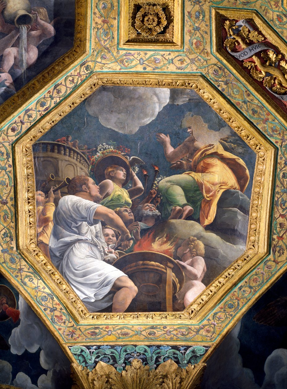 Escena del sacrificio de una paloma, casetón del techo de la Sala de Amor y Psique, 1528 de Giulio Romano