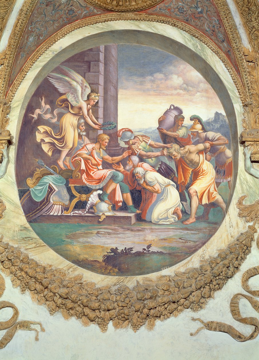 Escena que muestra que aquellos nacidos bajo el signo de Acuario en conjunción con la constelación de Aquila son impartidos con virtudes bélicas, simbolizado por una escena de triunfo, de la Cámara dei Venti de Giulio Romano