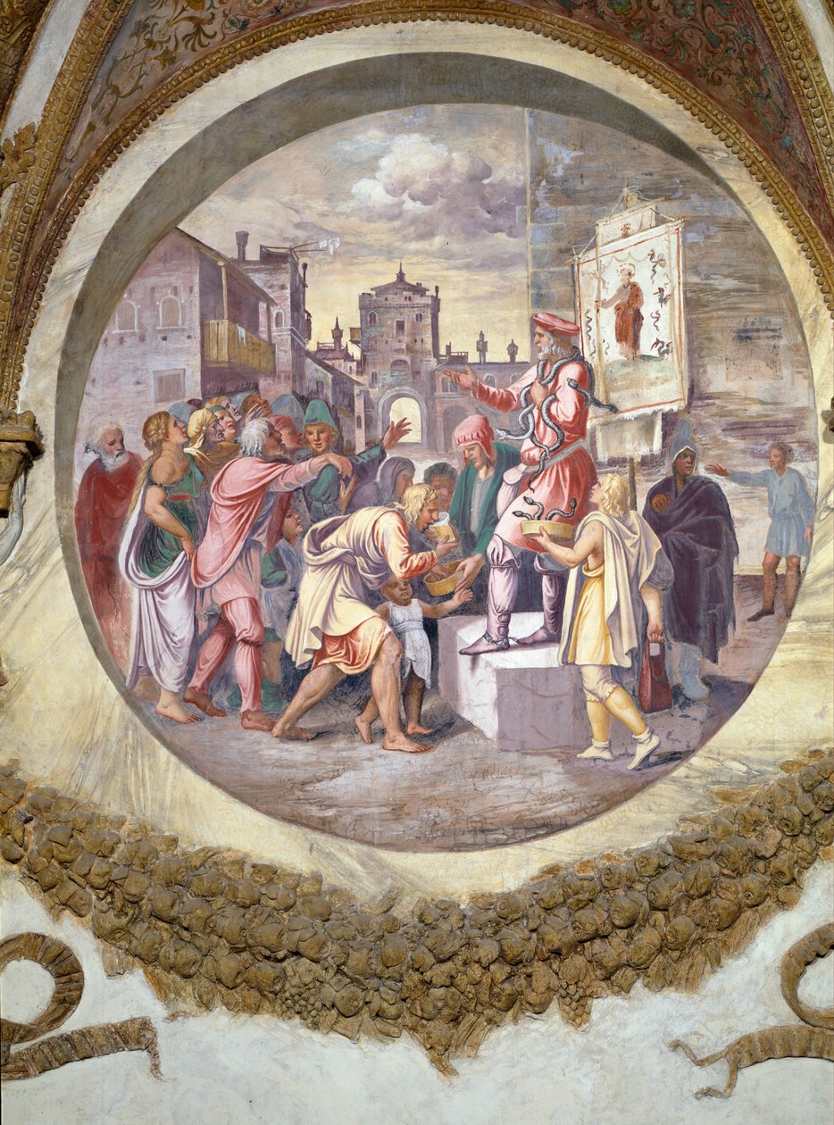 Escena que muestra que los nacidos bajo el signo de Capricornio en conjunción con la constelación de Serpentario u Ofiuco serán encantadores de serpientes, simbolizado por un vendedor de triaca, un antídoto de Giulio Romano