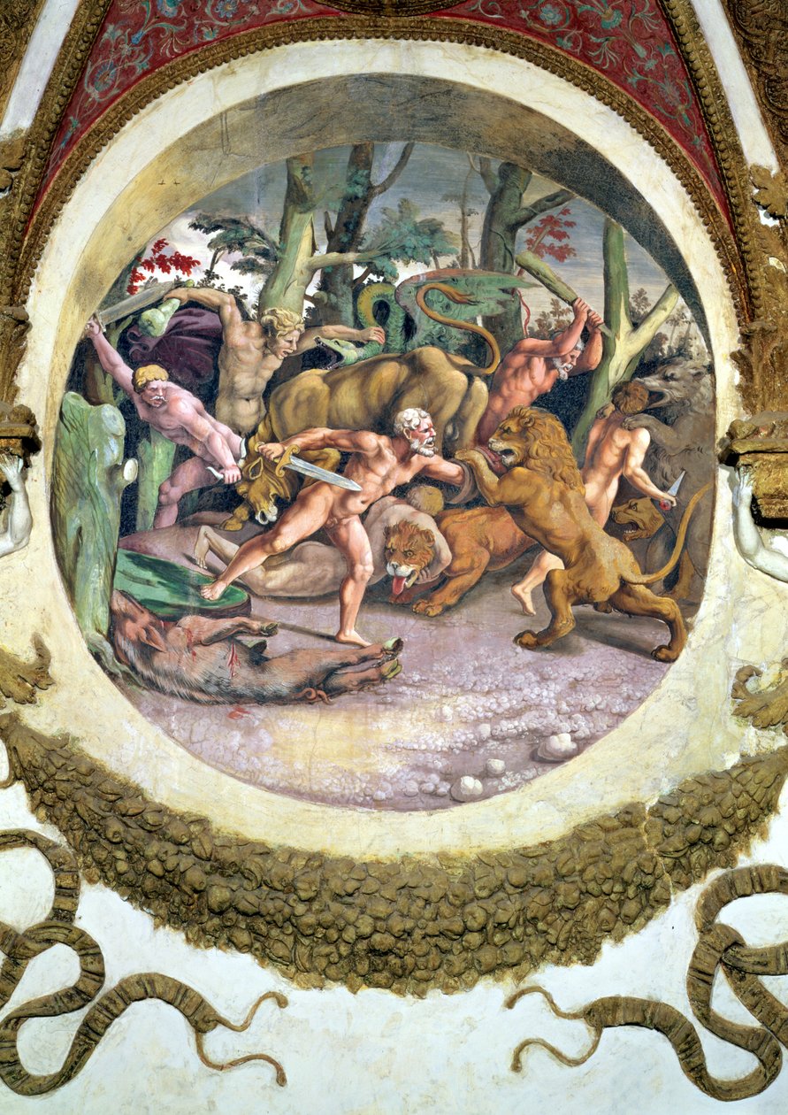 Escena que muestra que los nacidos bajo el signo de Leo en conjunción con la constelación de la Estrella del Perro enfrentarán animales salvajes sin miedo, simbolizado por la escena de una lucha entre hombres y bestias de Giulio Romano