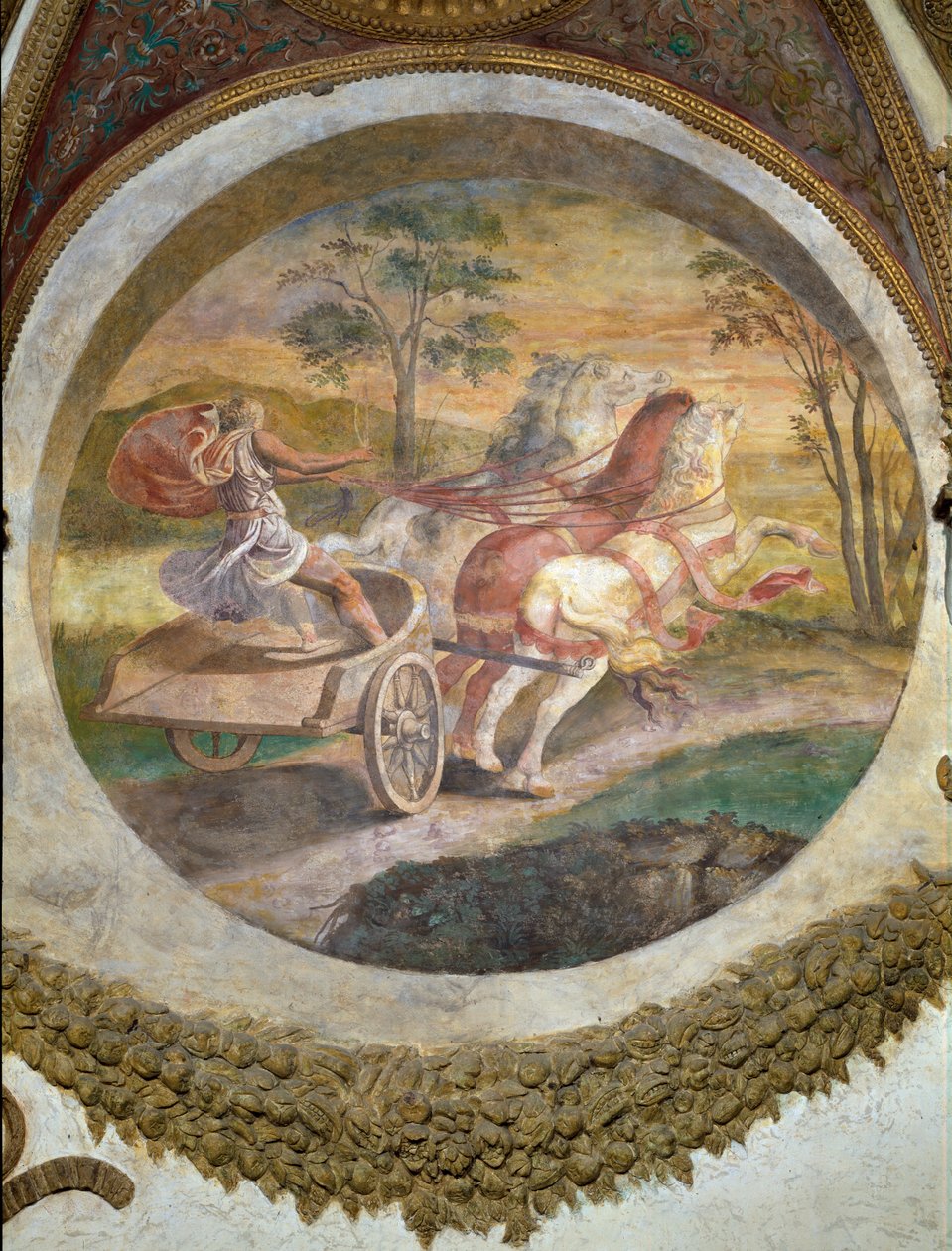 Escena que muestra que aquellos nacidos bajo el signo de Escorpio en conjunción con la constelación del Centauro serán expertos en conducir caballos, simbolizado por un conductor de carro, de la Cámara dei Venti de Giulio Romano