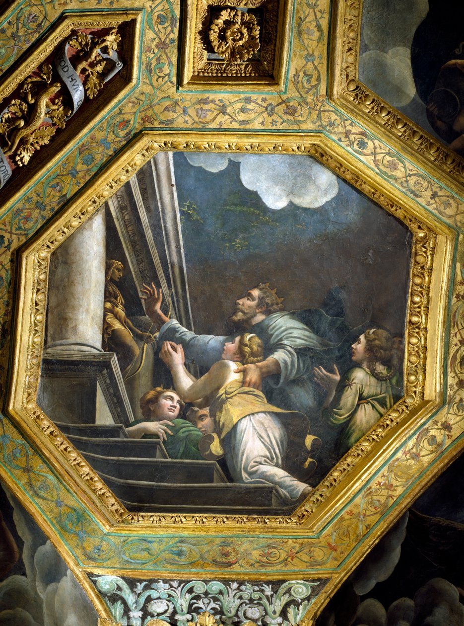 Figuras suplicantes en los escalones de un gran palacio, casetón del techo de la Sala de Amor y Psique, 1528 de Giulio Romano