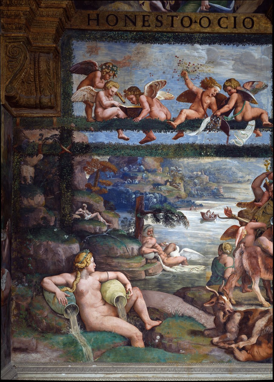 El Banquete Rústico celebrando el matrimonio de Cupido y Psique, (detalle) que representa dioses y diosas del río, pared este, de la Sala de Amor y Psique, 1528 de Giulio Romano