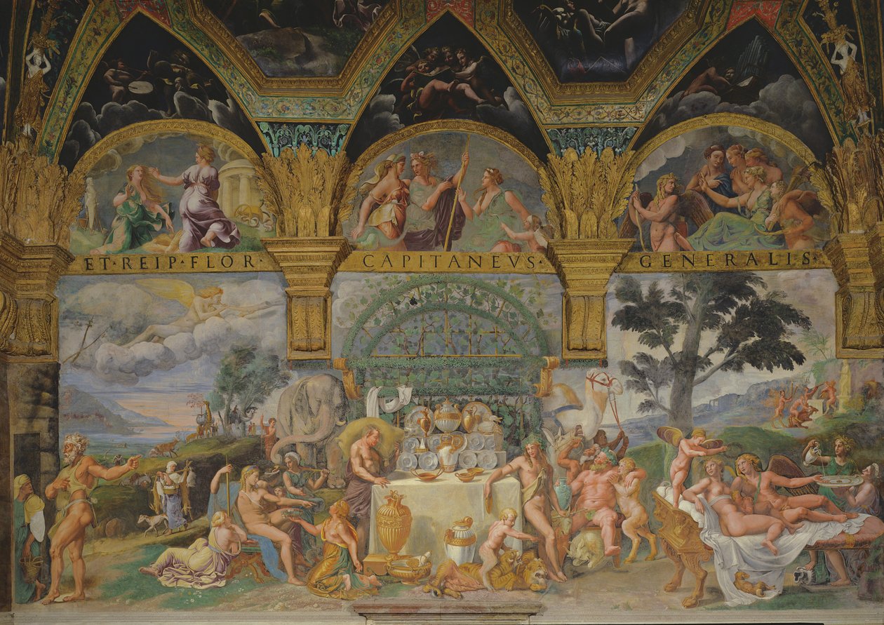 El noble banquete celebrando el matrimonio de Cupido y Psique de la Sala di Amore e Psiche, 1527-31 de Giulio Romano