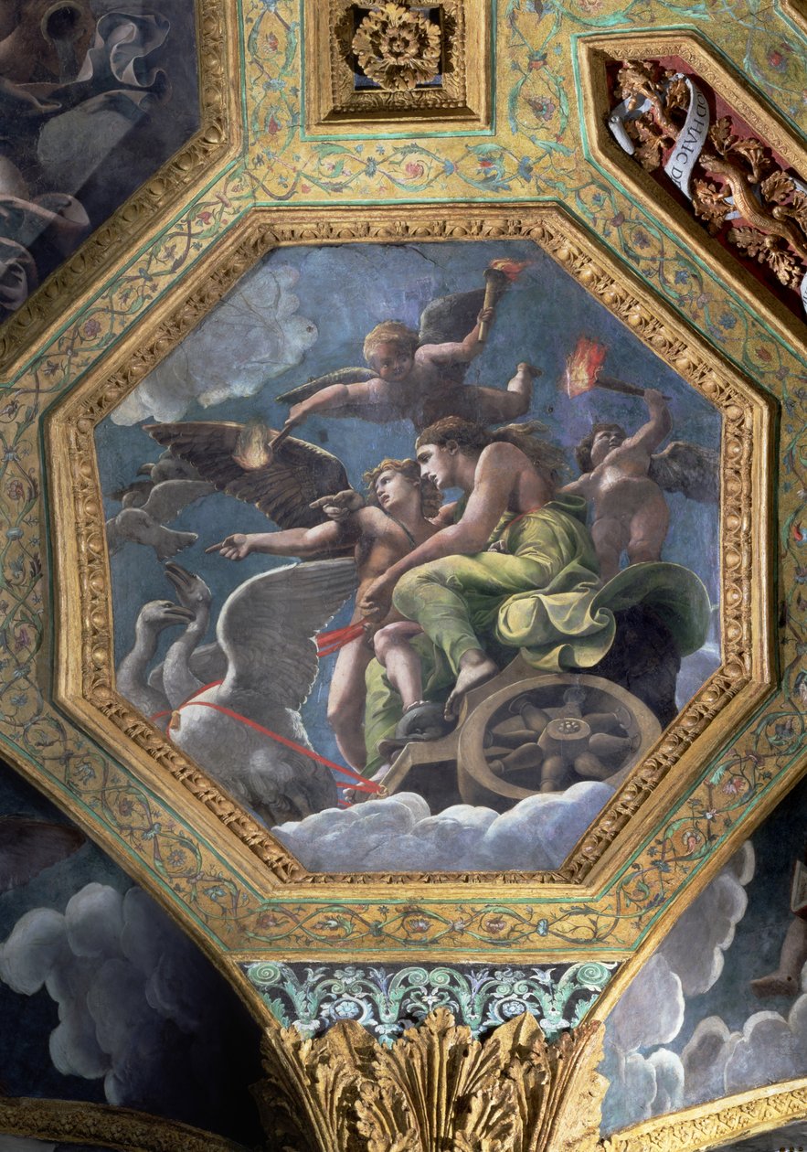 Venus y Cupido en un carro tirado por cisnes, casetón del techo de la Sala de Amor y Psique, 1528 de Giulio Romano