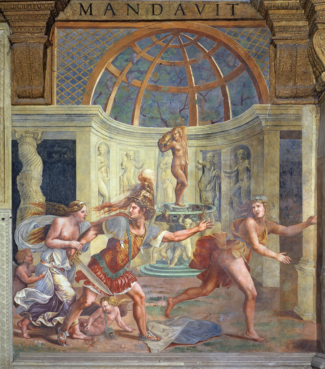 Venus, cuyo pie pinchado mancha los pétalos de una rosa de rojo, con Marte que persigue a Adonis con una espada desenvainada de la Sala di Amore e Psiche, 1528 de Giulio Romano