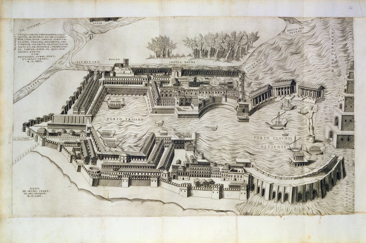 Plano del puerto de Ostia Antica, grabado por el artista, 1554 de Giulio de Musi