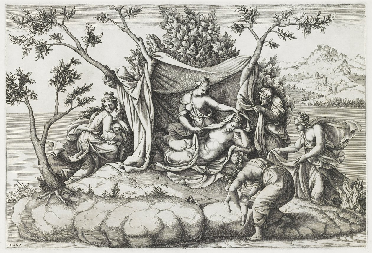 Latona dando a luz a Apolo y Diana, grabado por Diana Mantovana (después de 1575) (grabado) de Giulio (after) Romano