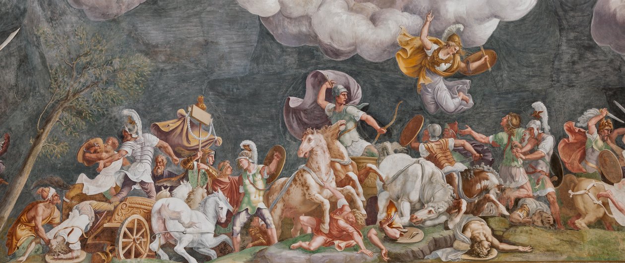 Una batalla, detalle, El Caballo de Troya, Sala de Troya de Giulio (and workshop) Romano