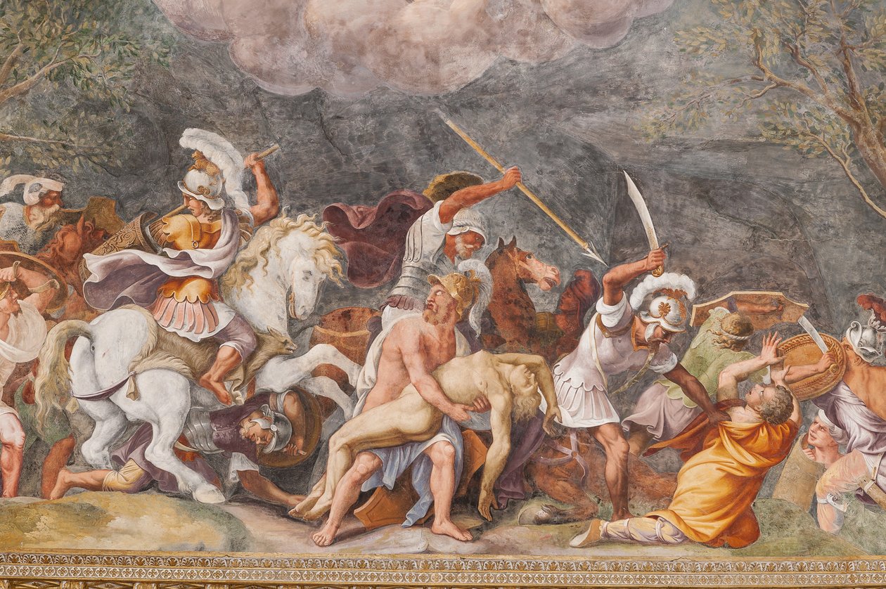 Áyax protegiendo el cadáver de Patroclo durante la batalla de Troya, El Caballo de Troya, Sala de Troya de Giulio (and workshop) Romano