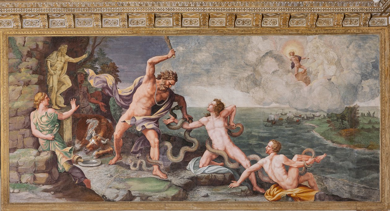 Laocoonte y sus hijos siendo atacados por serpientes, El Caballo de Troya, Sala de Troya de Giulio (and workshop) Romano