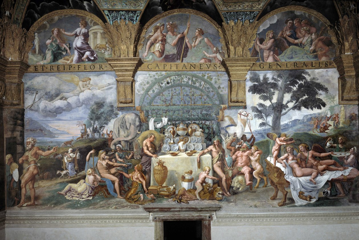El noble banquete celebrando el matrimonio de Cupido y Psique, pared sur de la Sala de Cupido y Psique, c.1527-31 (fresco) de Giulio (and workshop) Romano