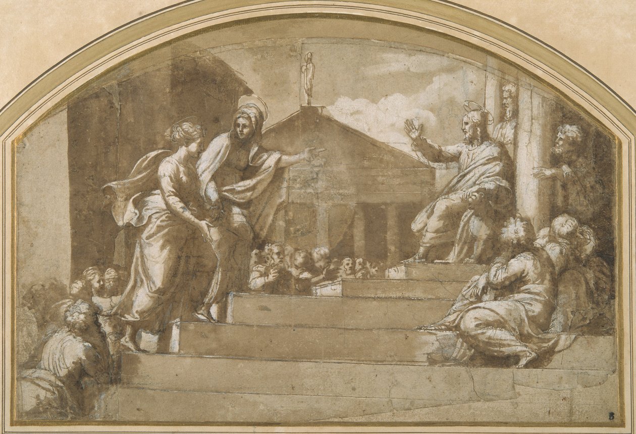 Marta llevando a María Magdalena a Cristo de Giulio (attr. to) Romano