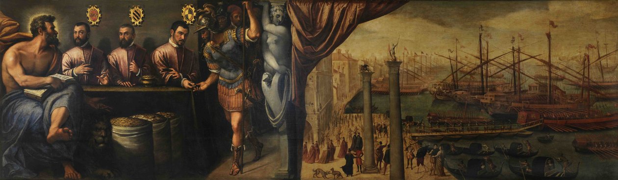 San Marcos asiste a tres magistrados en el reclutamiento de la milicia para la flota, ca 1586 de Giulio Angolo del Moro