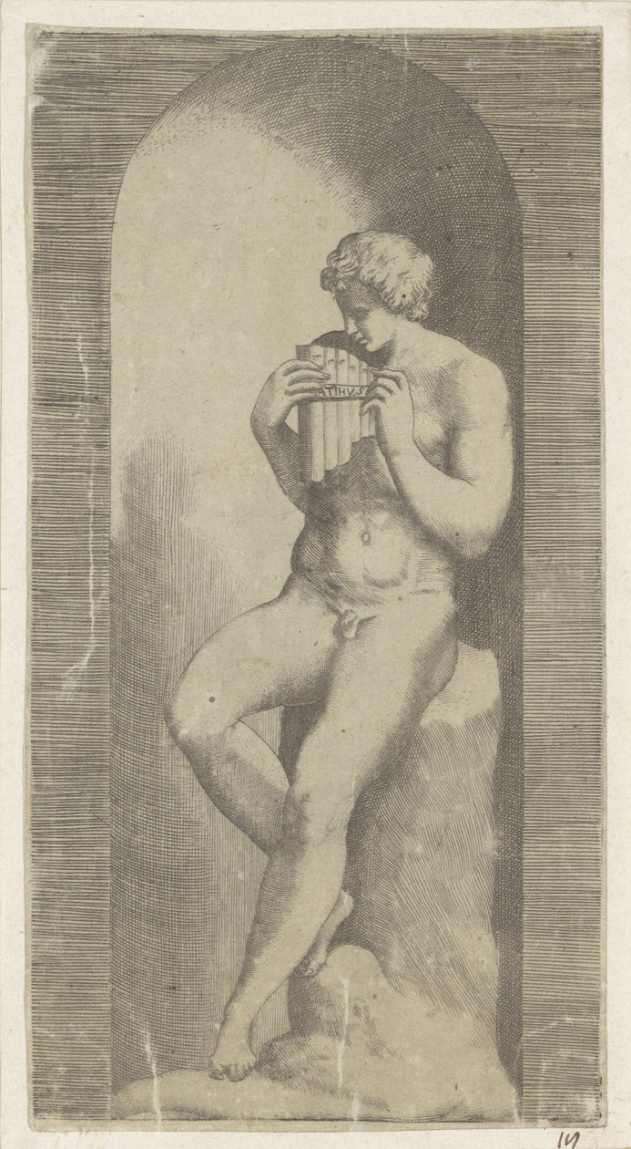 Hombre desnudo con flauta de pan en un nicho de Giulio Bonasone (possibly)