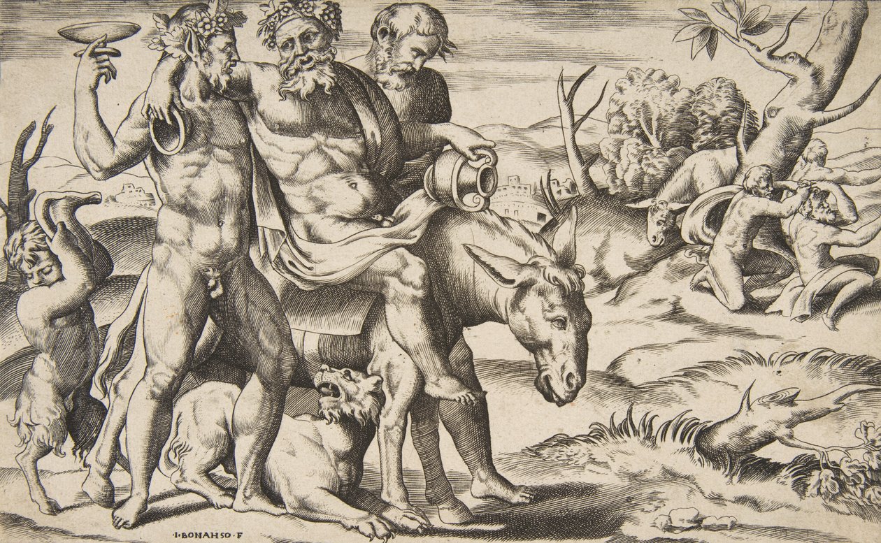 Un Sileno borracho montando un asno apoyado por sátiros, 1531-76 de Giulio Bonasone