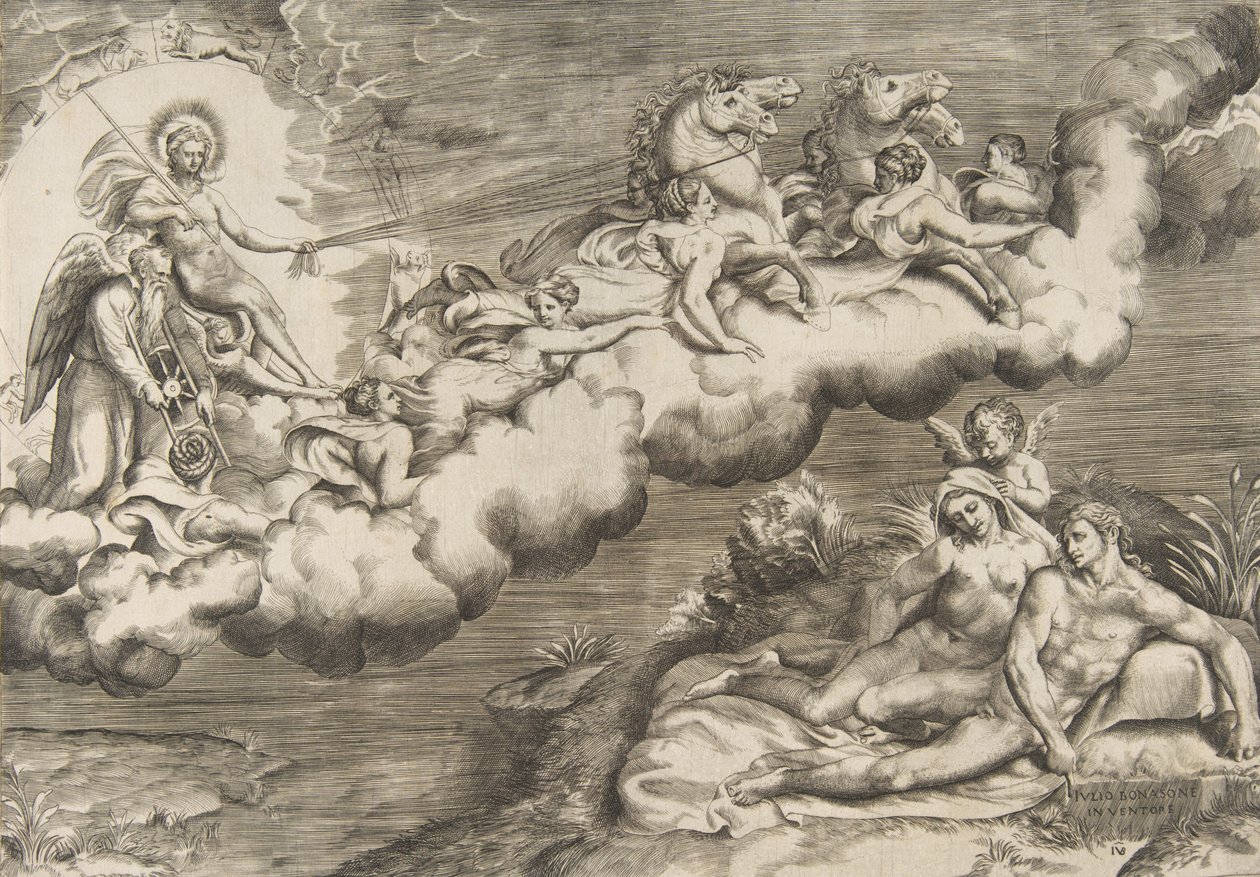 Una alegoría del sol naciente, un hombre desnudo con un sudario acompañado por el Padre Tiempo, 1531-76 de Giulio Bonasone