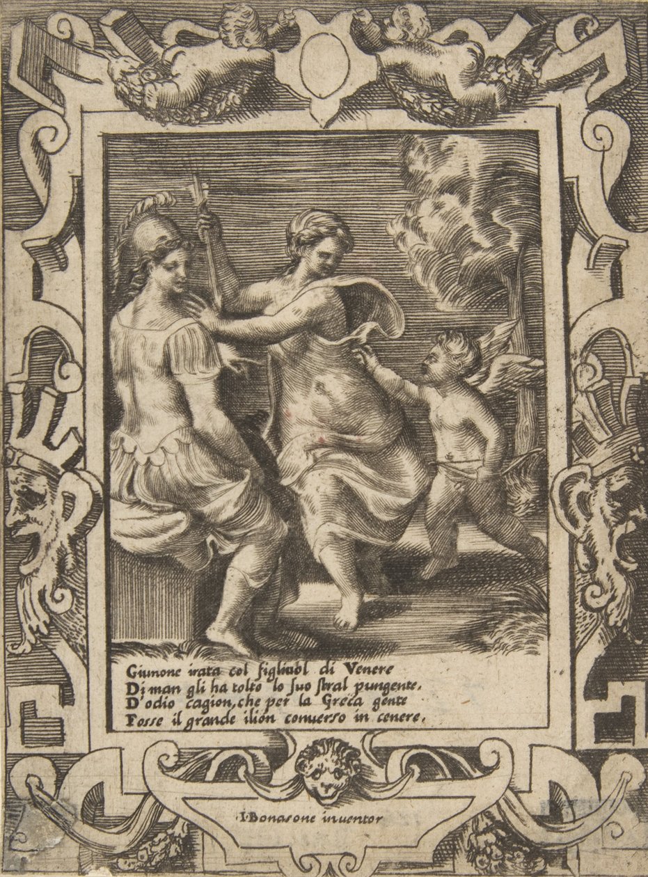 Atenea sentada cerca de Juno que ha tomado las flechas de Cupido de Giulio Bonasone