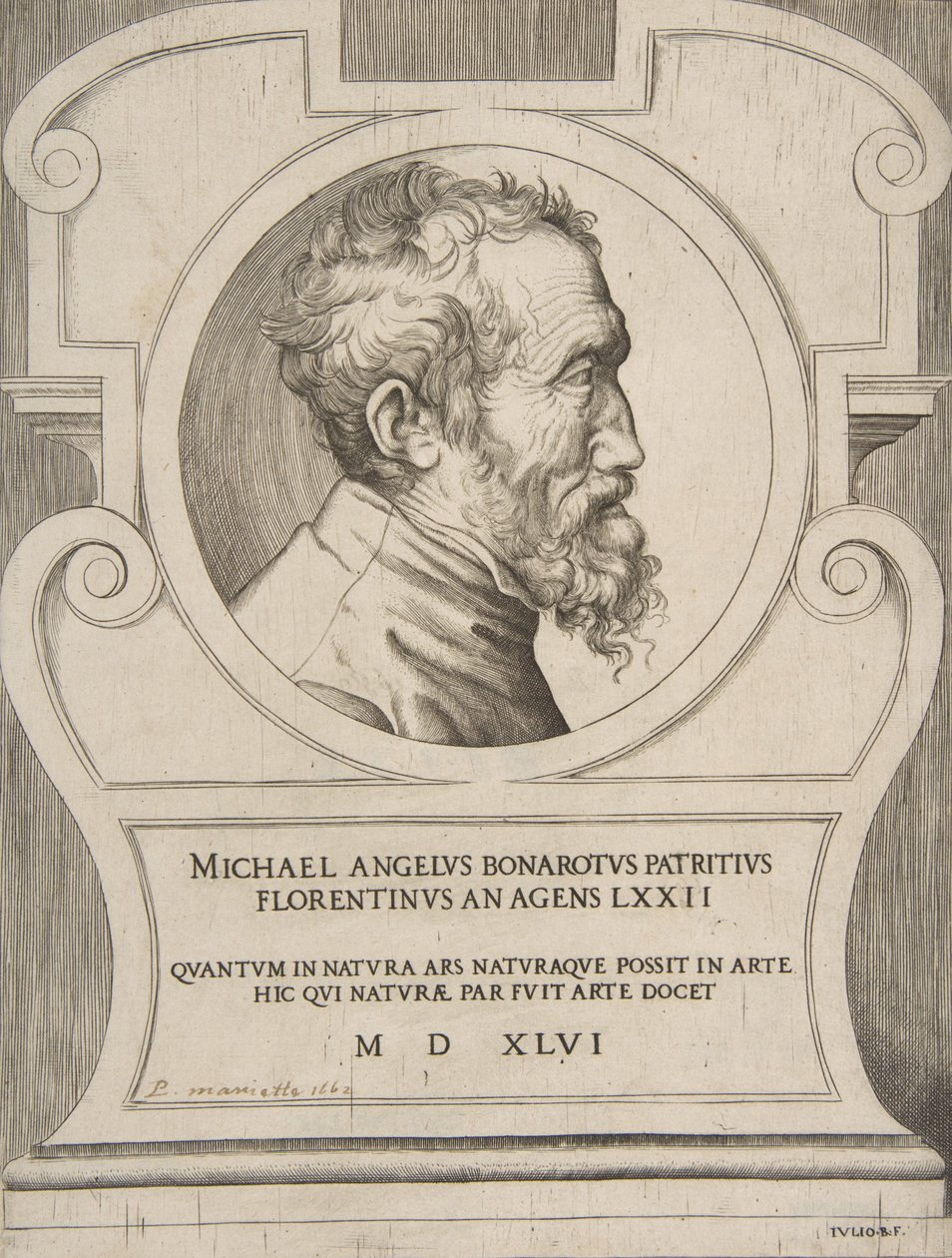 Retrato busto de Miguel Ángel mirando a la derecha, dentro de un cartucho, 1546 de Giulio Bonasone